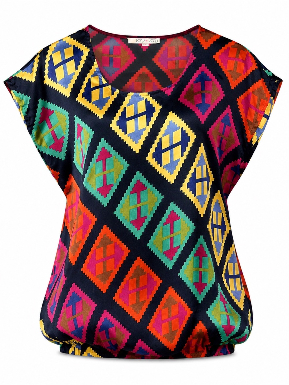 Joy Joy Satin Geometric Print Bubble Hem Blouse Multicolor Small